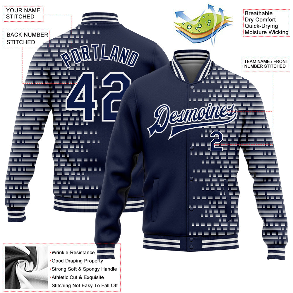 Custom Navy White Halftone 3D Pattern Design Bomber Full-Snap Varsity Letterman Jacket view 5