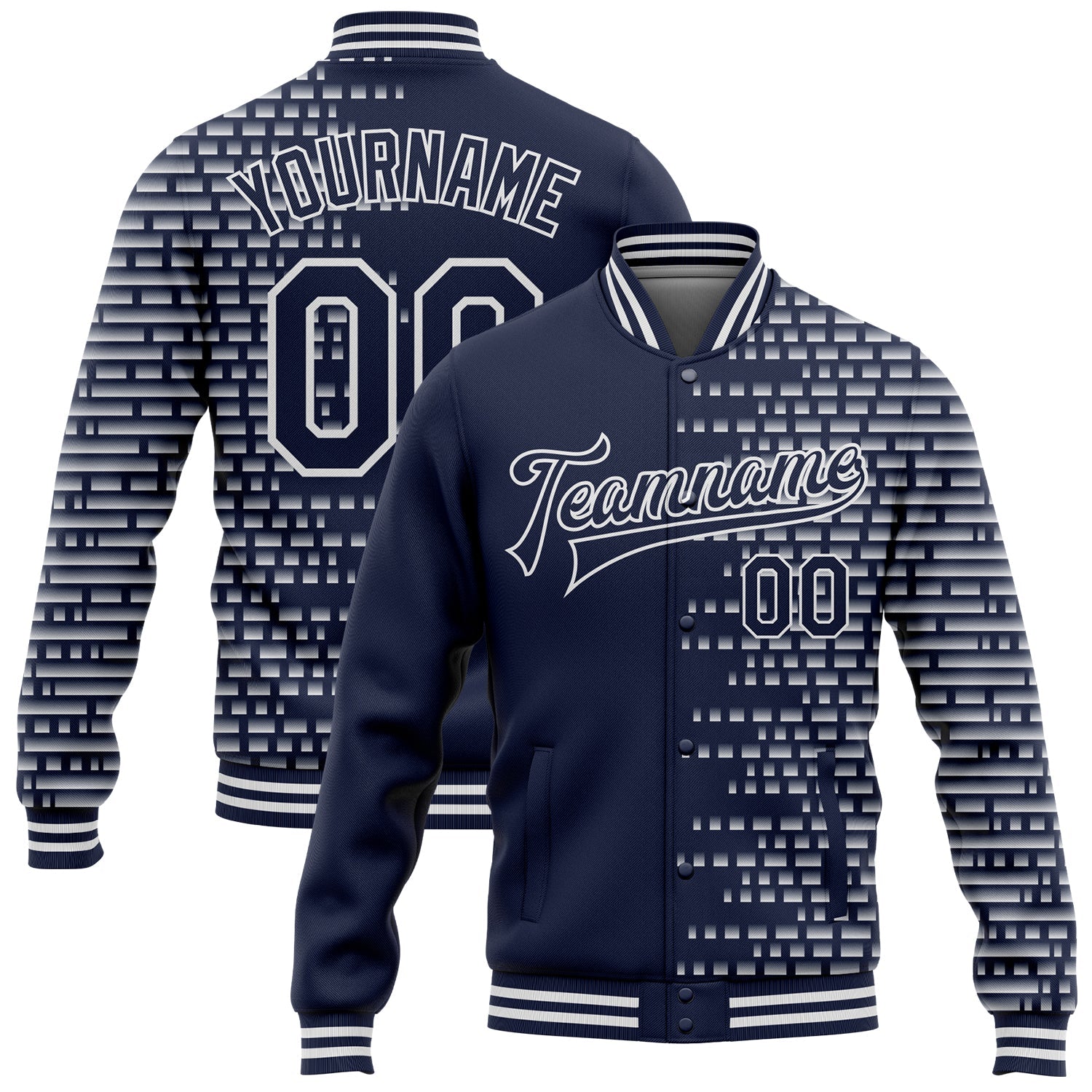 Custom Navy White Halftone 3D Pattern Design Bomber Full-Snap Varsity Letterman Jacket - Main View