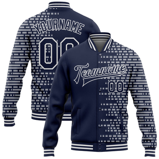 Custom Navy White Halftone 3D Pattern Design Bomber Full-Snap Varsity Letterman Jacket - Main View