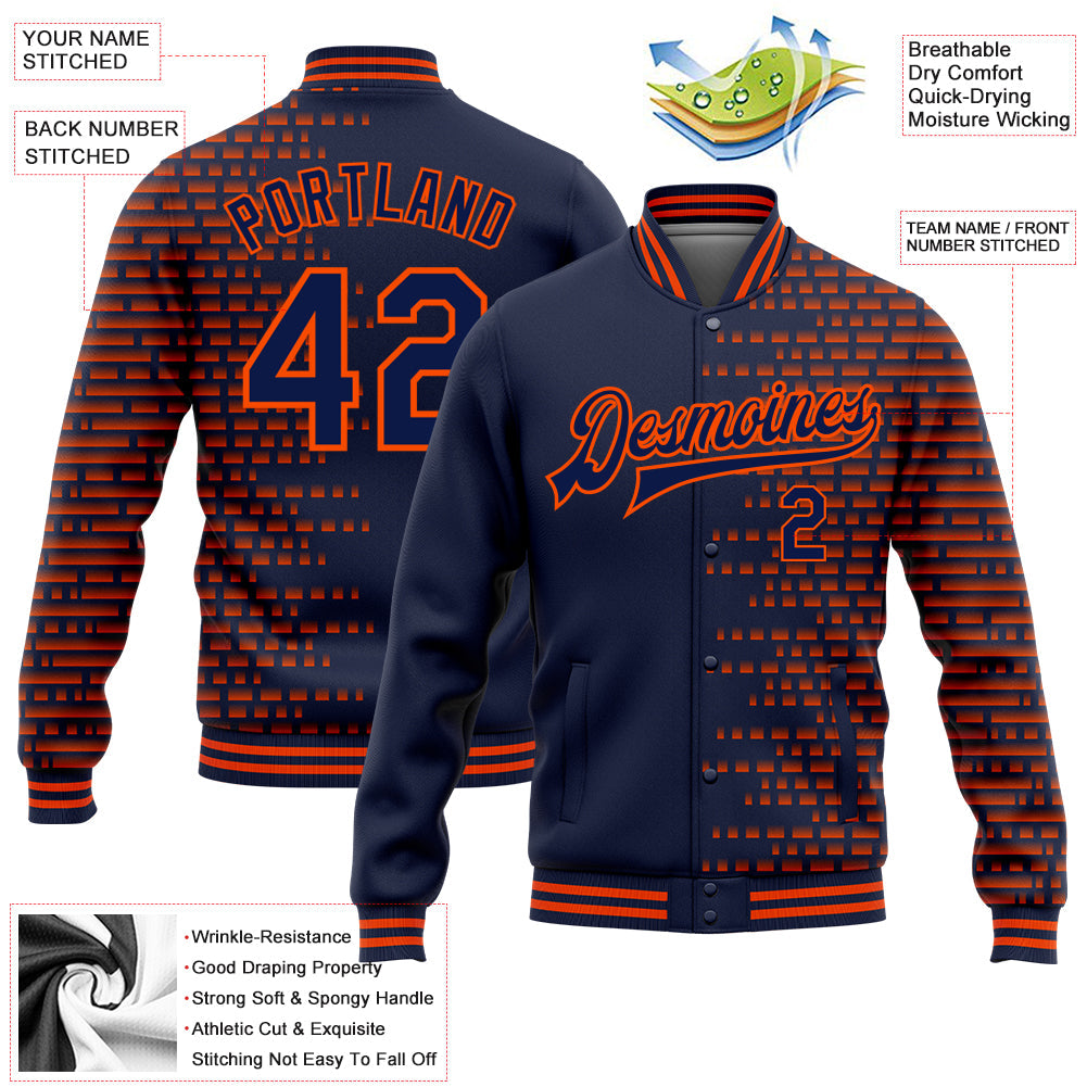 Custom Navy Orange Halftone 3D Pattern Design Bomber Full-Snap Varsity Letterman Jacket view 5