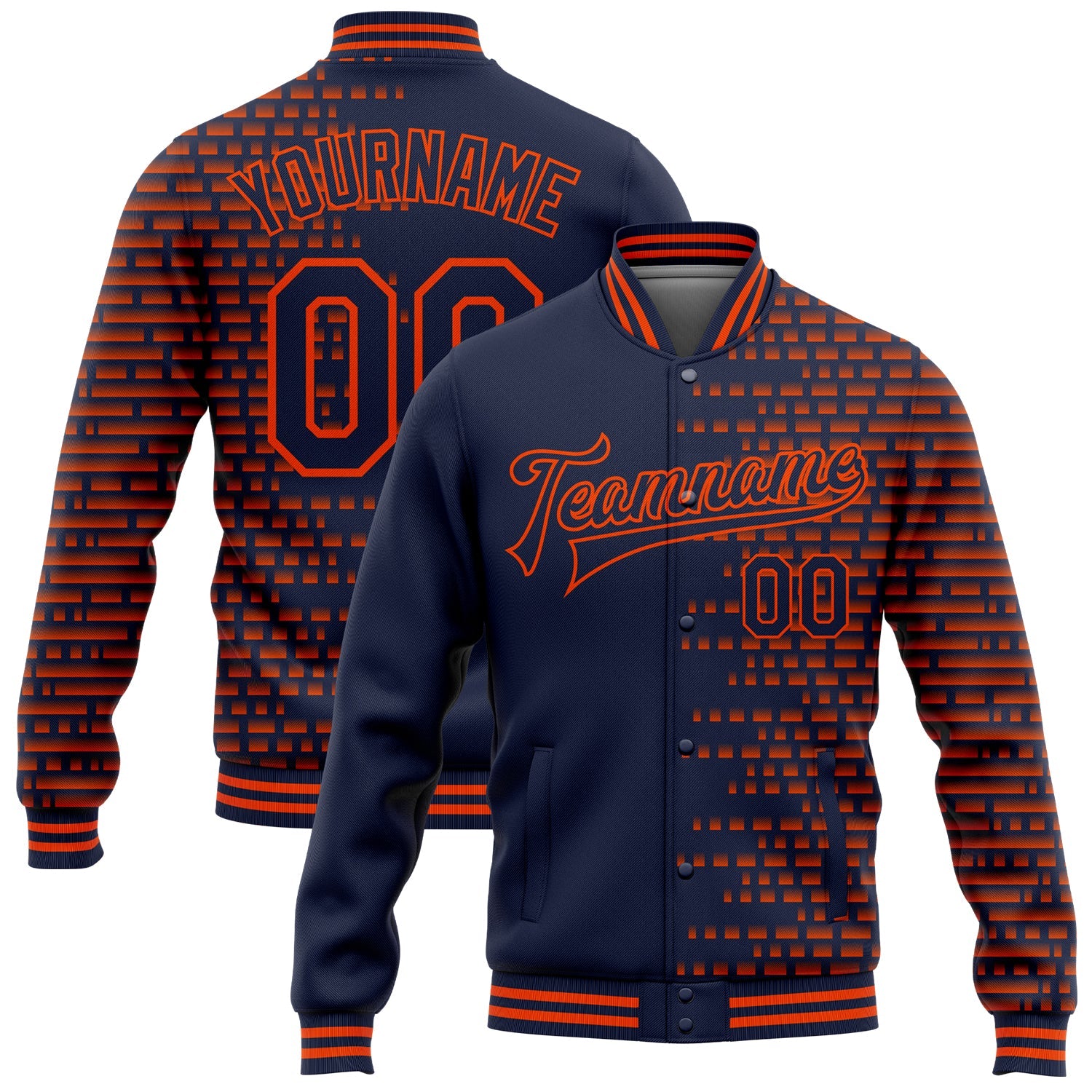 Custom Navy Orange Halftone 3D Pattern Design Bomber Full-Snap Varsity Letterman Jacket - Main View