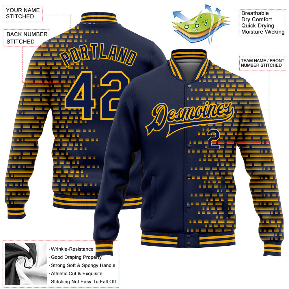 Custom Navy Gold Halftone 3D Pattern Design Bomber Full-Snap Varsity Letterman Jacket view 5