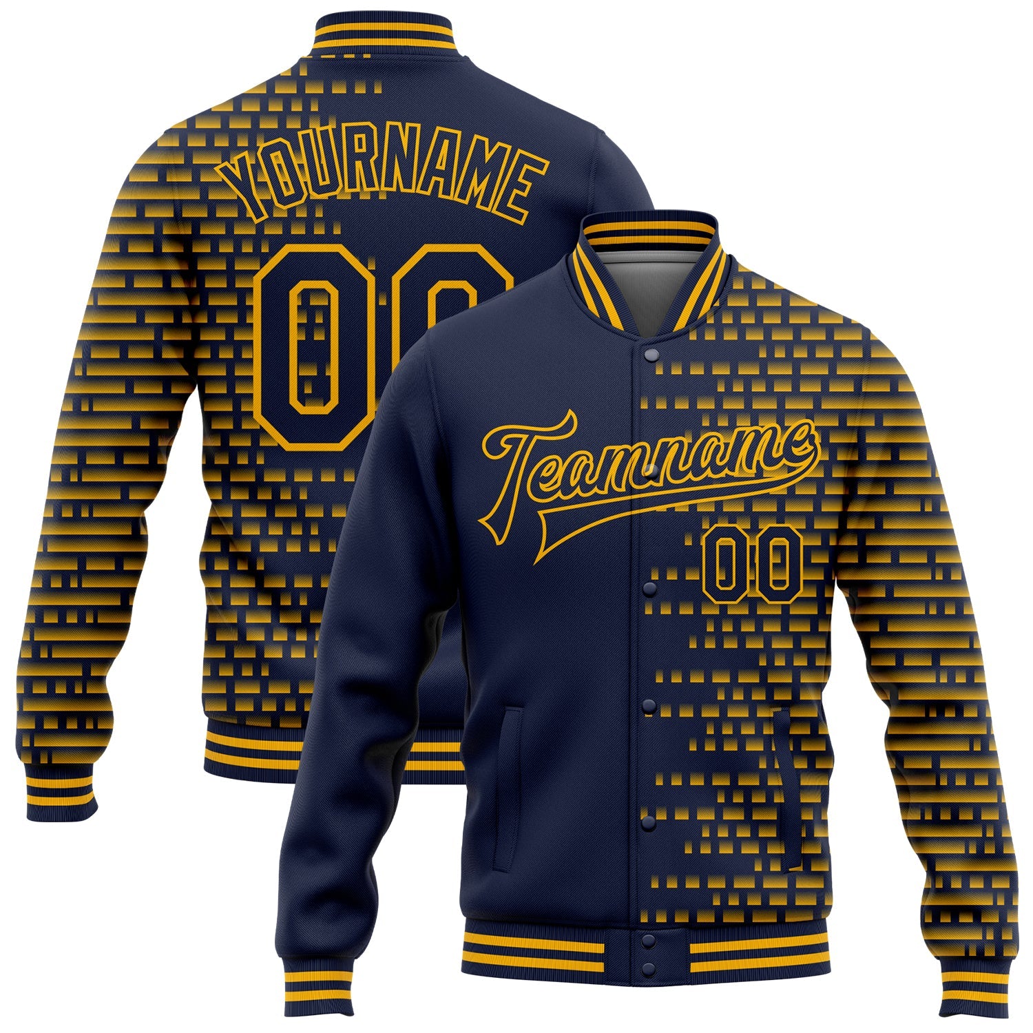 Custom Navy Gold Halftone 3D Pattern Design Bomber Full-Snap Varsity Letterman Jacket - Main View