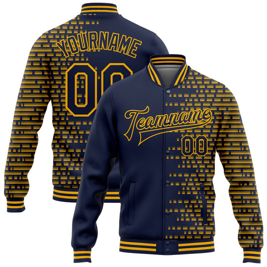 Custom Navy Gold Halftone 3D Pattern Design Bomber Full-Snap Varsity Letterman Jacket - Main View