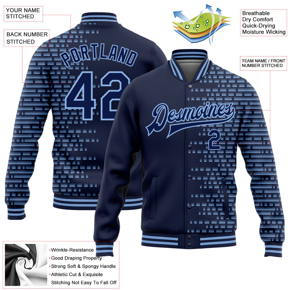 Custom Navy Light Blue Halftone 3D Pattern Design Bomber Full-Snap Varsity Letterman Jacket view 5