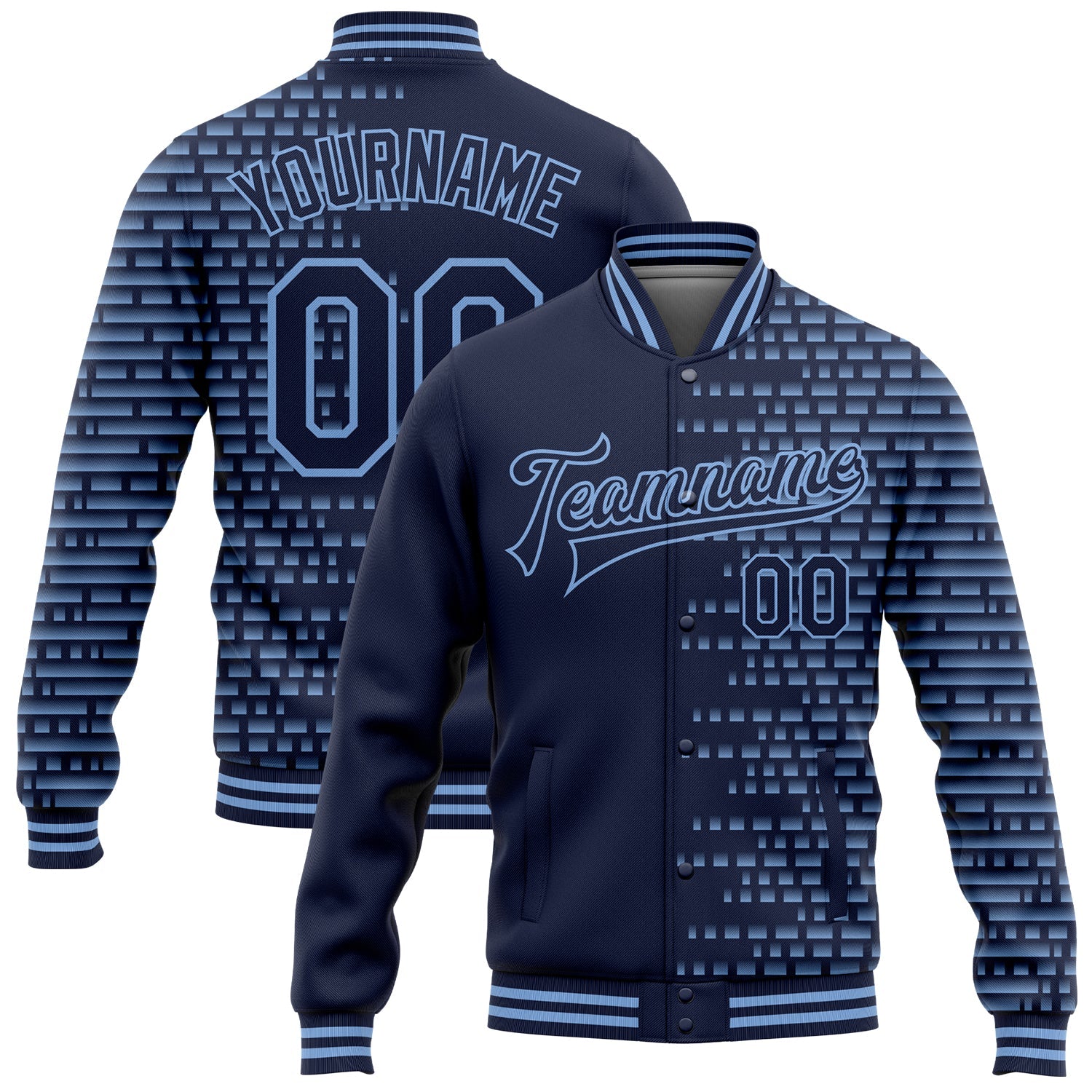 Custom Navy Light Blue Halftone 3D Pattern Design Bomber Full-Snap Varsity Letterman Jacket - Main View
