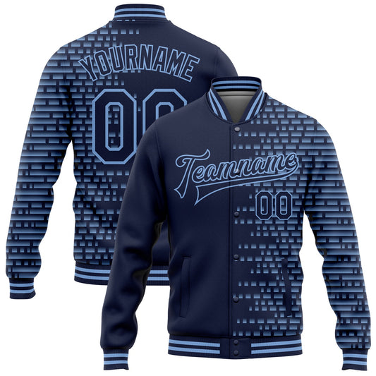 Custom Navy Light Blue Halftone 3D Pattern Design Bomber Full-Snap Varsity Letterman Jacket - Main View
