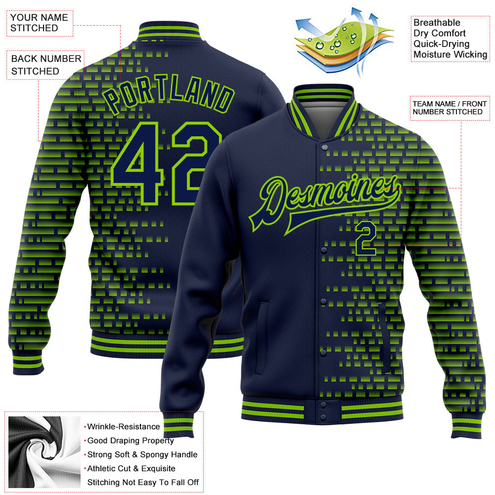 Custom Navy Neon Green Halftone 3D Pattern Design Bomber Full-Snap Varsity Letterman Jacket view 5