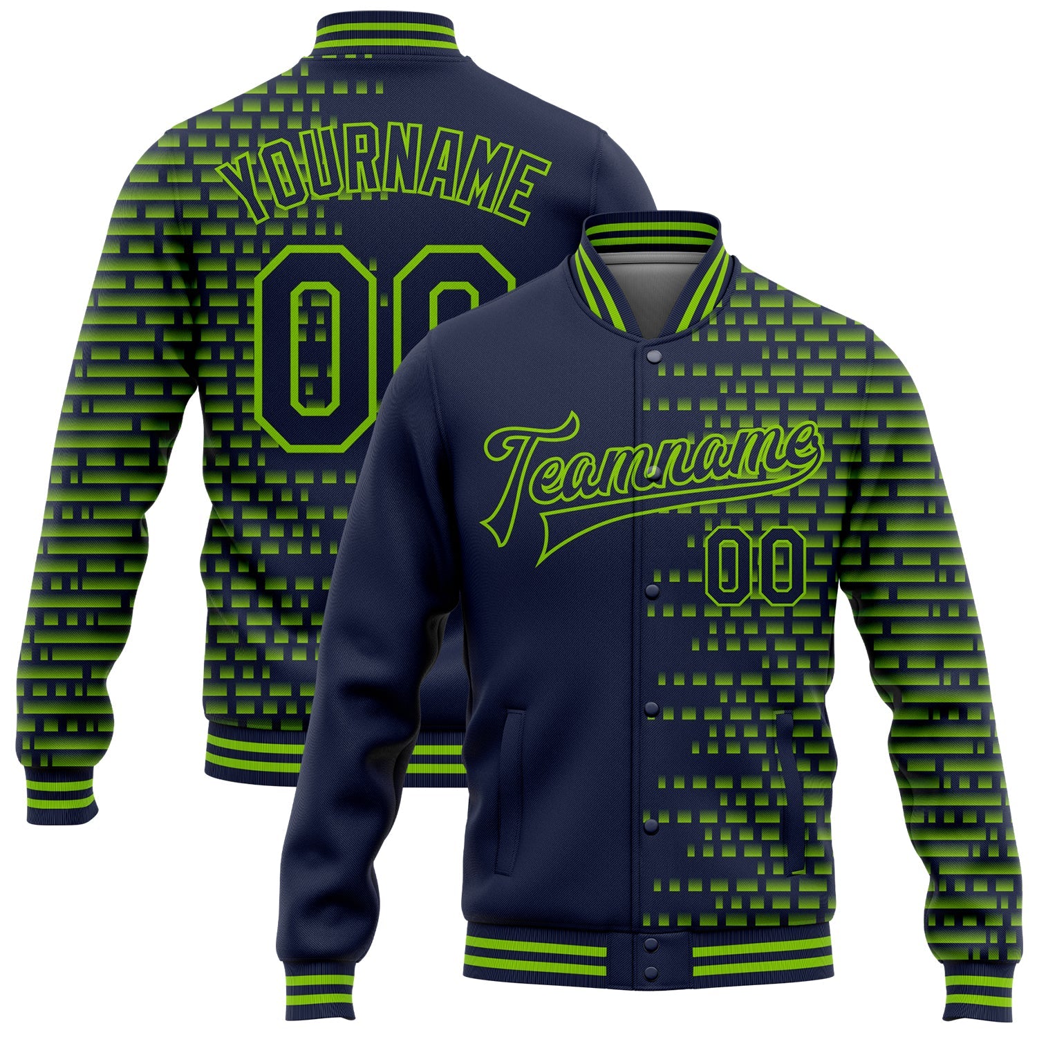 Custom Navy Neon Green Halftone 3D Pattern Design Bomber Full-Snap Varsity Letterman Jacket - Main View