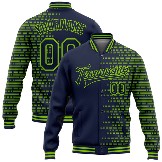 Custom Navy Neon Green Halftone 3D Pattern Design Bomber Full-Snap Varsity Letterman Jacket - Main View
