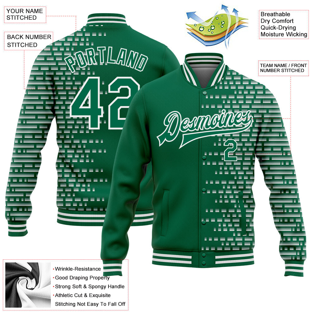 Custom Kelly Green White Halftone 3D Pattern Design Bomber Full-Snap Varsity Letterman Jacket view 5