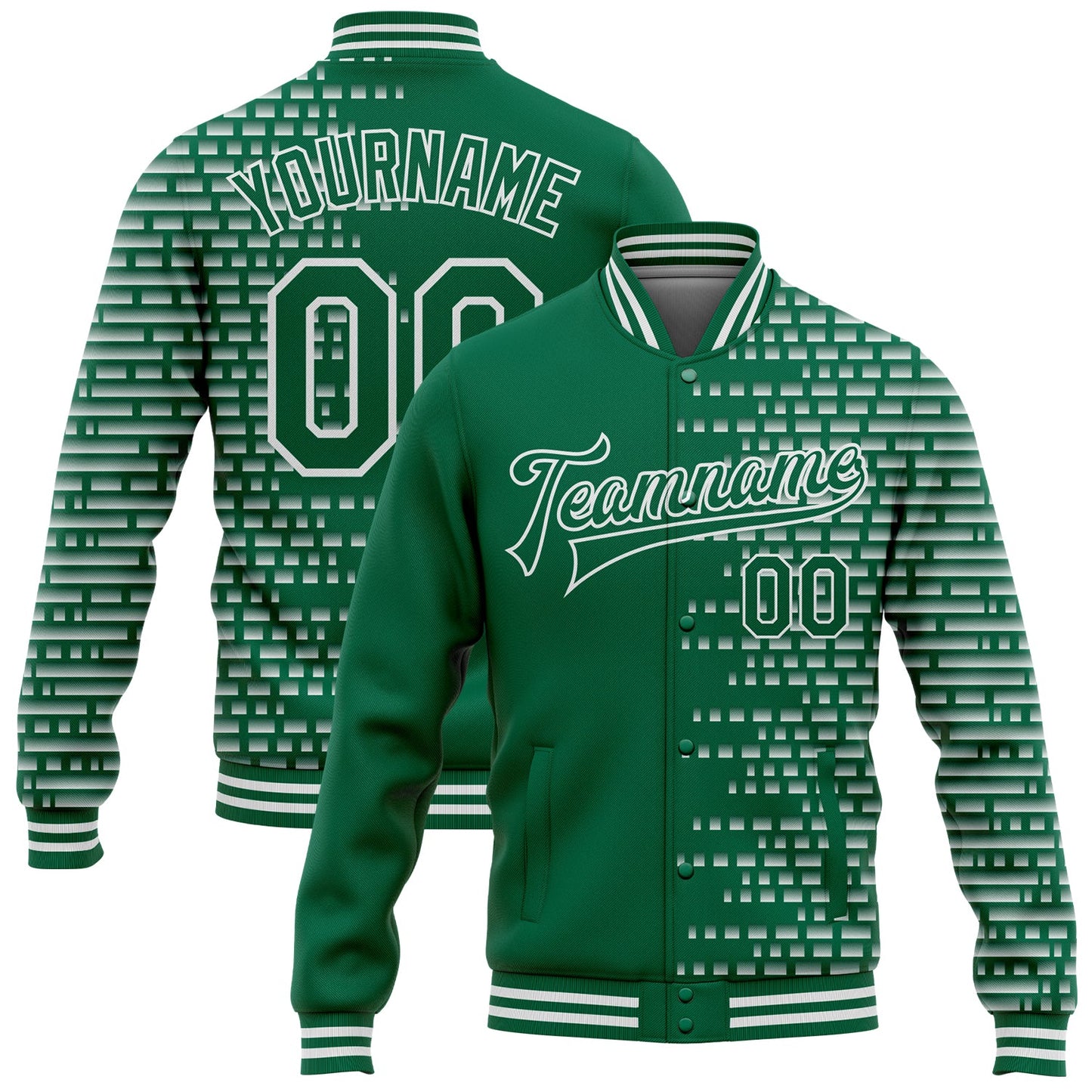 Custom Kelly Green White Halftone 3D Pattern Design Bomber Full-Snap Varsity Letterman Jacket - Main View
