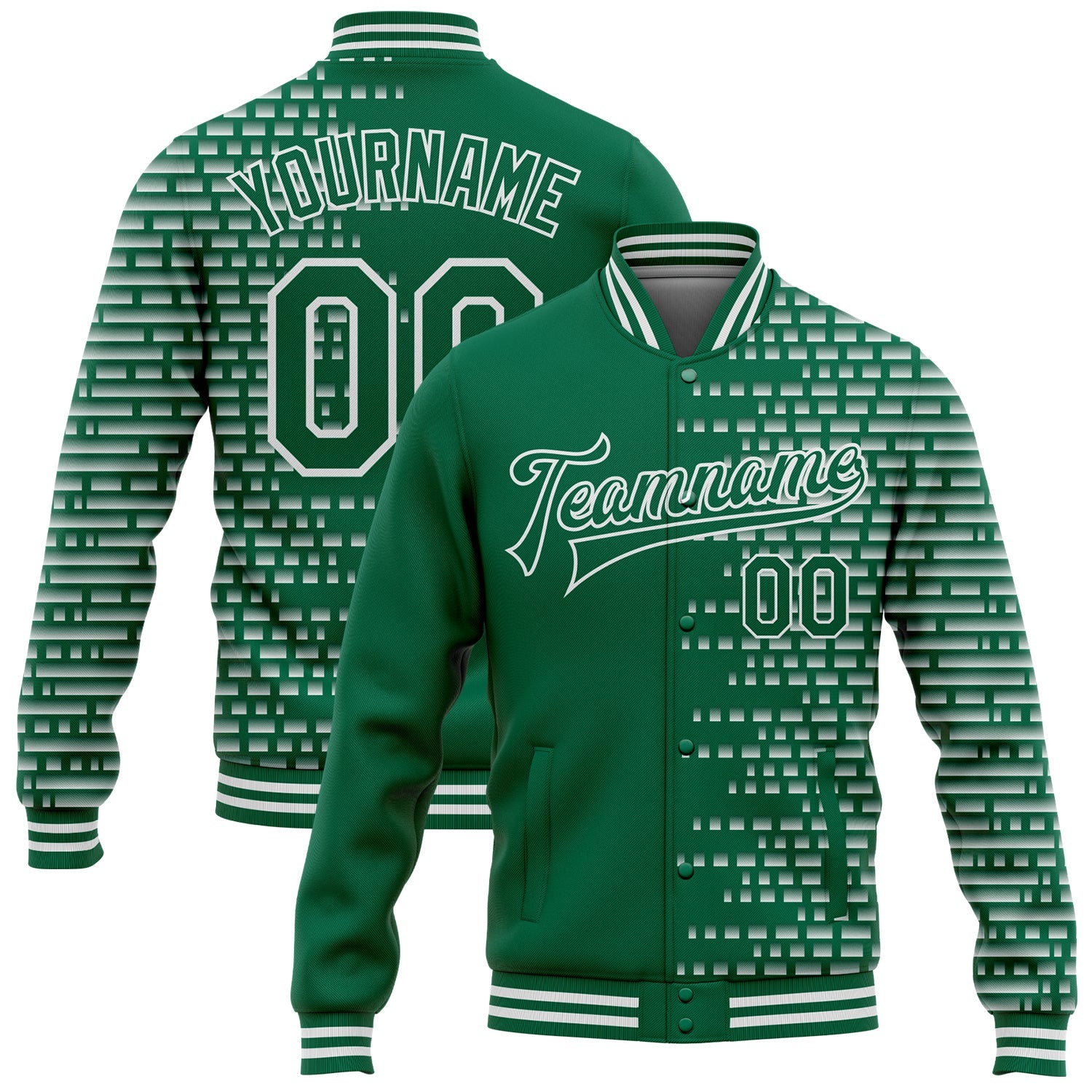 Custom Kelly Green White Halftone 3D Pattern Design Bomber Full-Snap Varsity Letterman Jacket - Main View