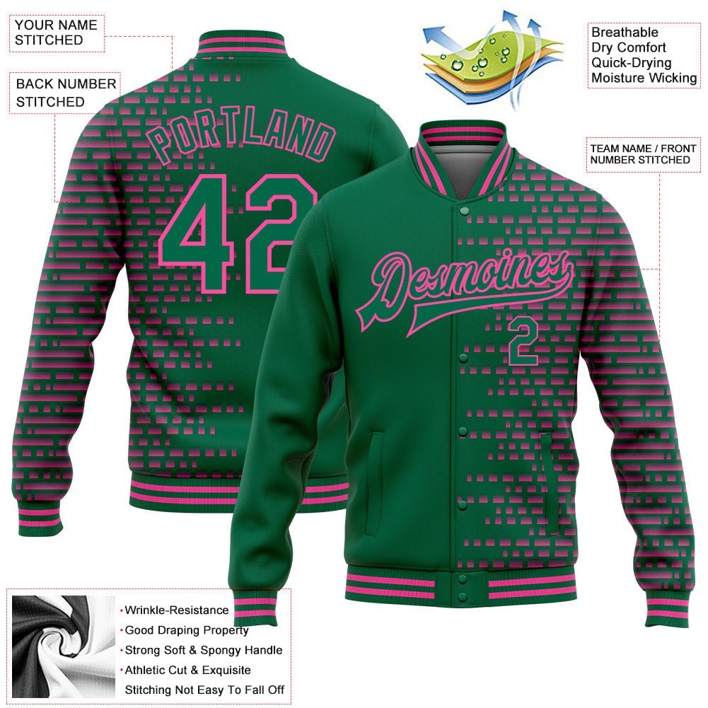 Custom Kelly Green Pink Halftone 3D Pattern Design Bomber Full-Snap Varsity Letterman Jacket view 5