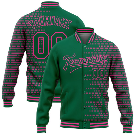 Custom Kelly Green Pink Halftone 3D Pattern Design Bomber Full-Snap Varsity Letterman Jacket - Main View