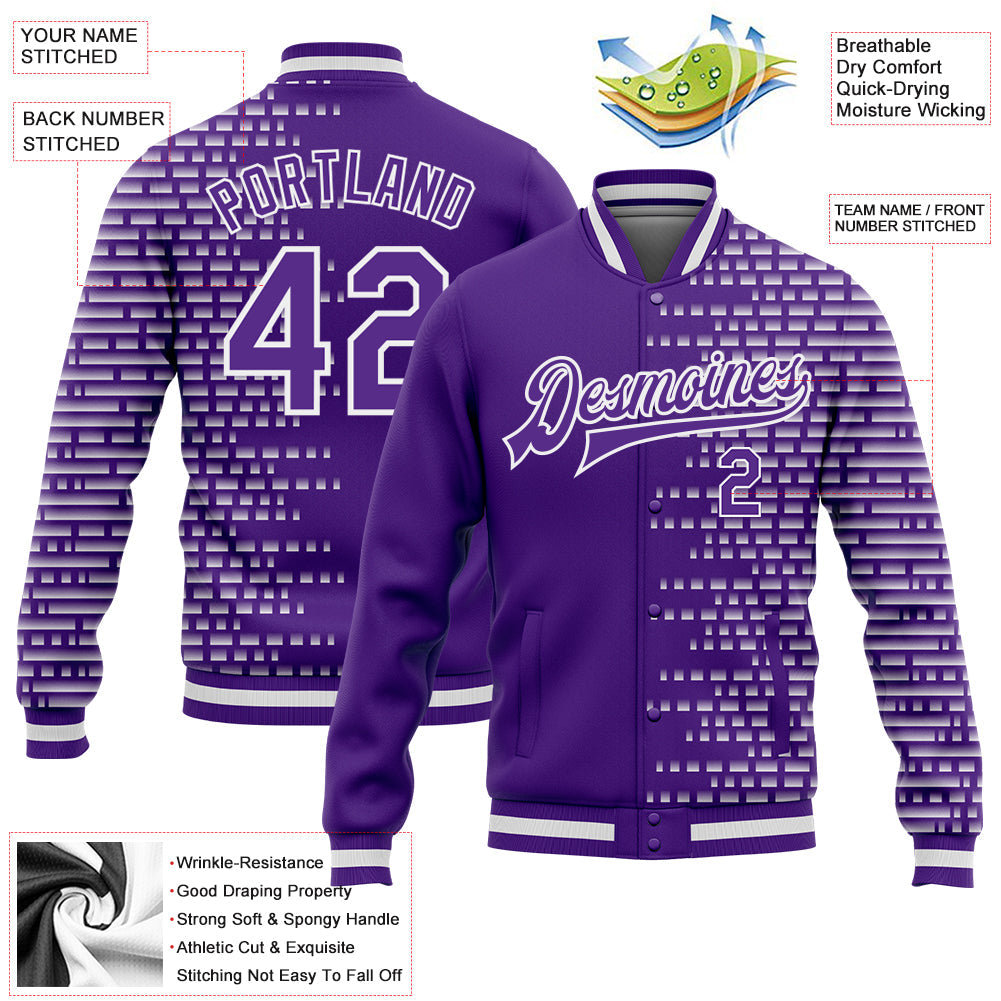 Custom Purple White Halftone 3D Pattern Design Bomber Full-Snap Varsity Letterman Jacket view 5