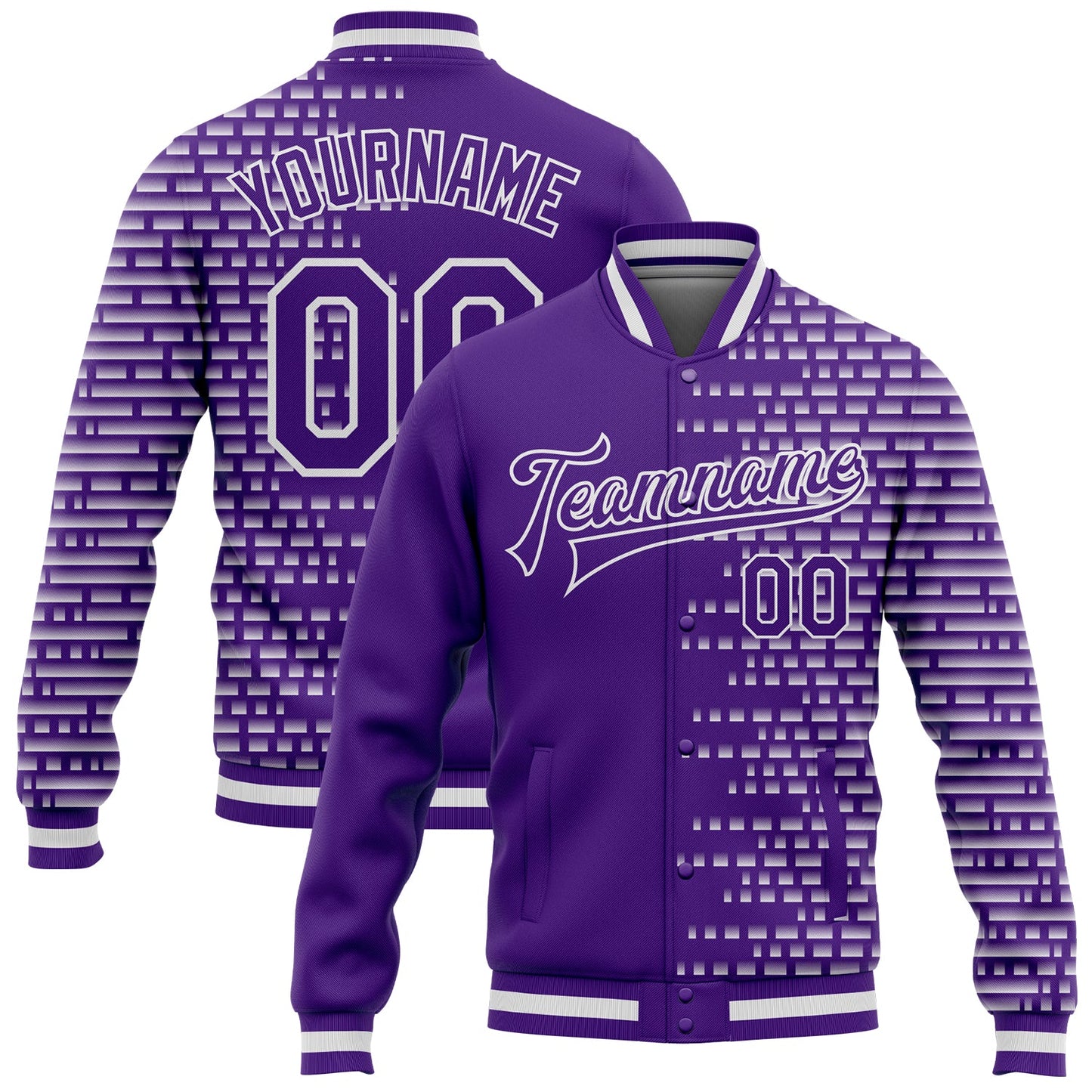 Custom Purple White Halftone 3D Pattern Design Bomber Full-Snap Varsity Letterman Jacket - Main View