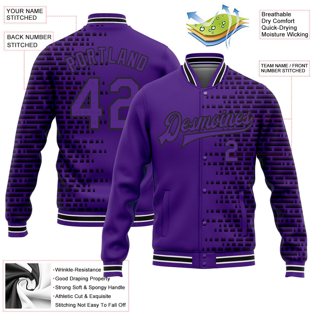 Custom Purple Black-White Halftone 3D Pattern Design Bomber Full-Snap Varsity Letterman Jacket view 5