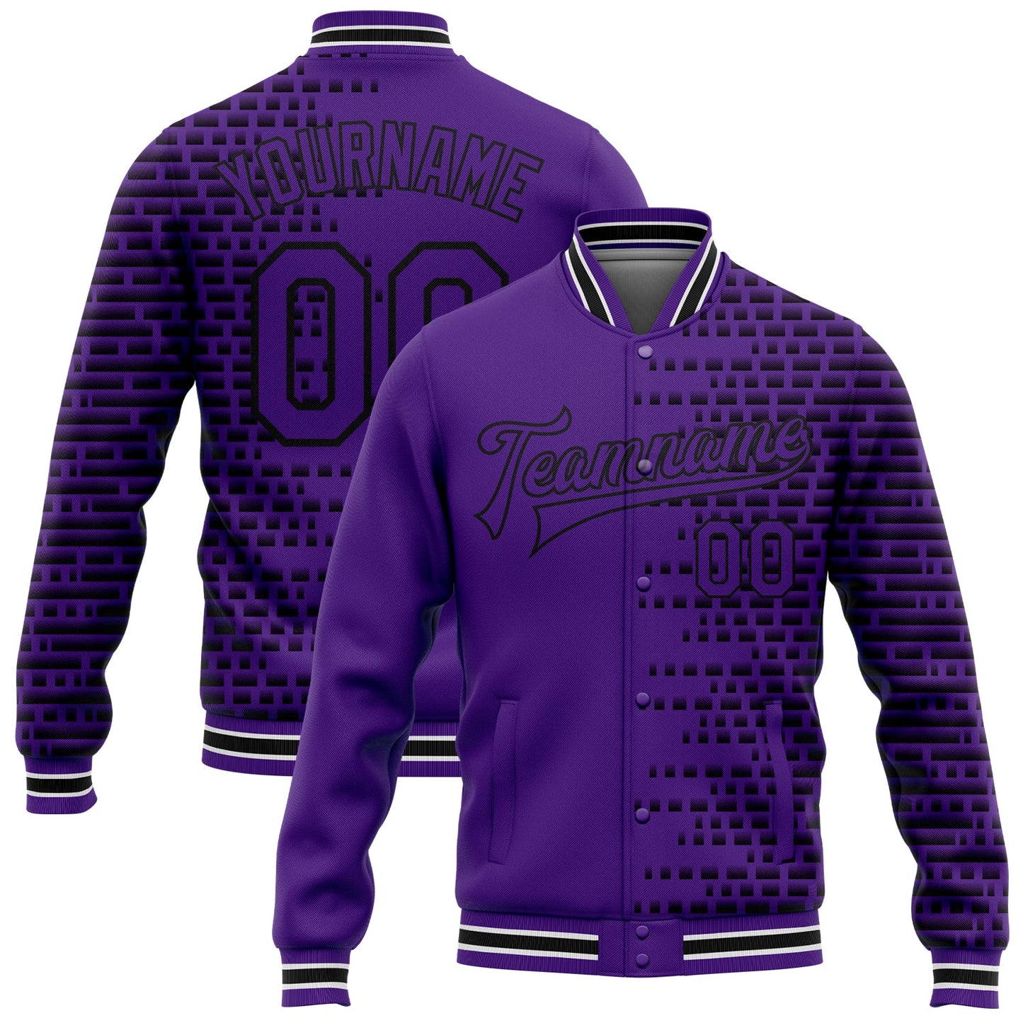 Custom Purple Black-White Halftone 3D Pattern Design Bomber Full-Snap Varsity Letterman Jacket - Main View