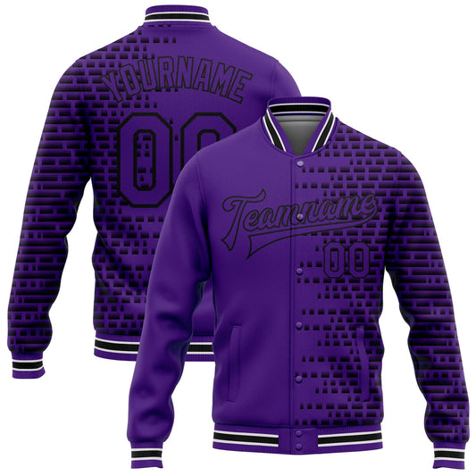 Custom Purple Black-White Halftone 3D Pattern Design Bomber Full-Snap Varsity Letterman Jacket - Main View