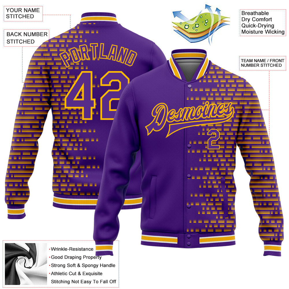 Custom Purple Gold-White Halftone 3D Pattern Design Bomber Full-Snap Varsity Letterman Jacket view 5
