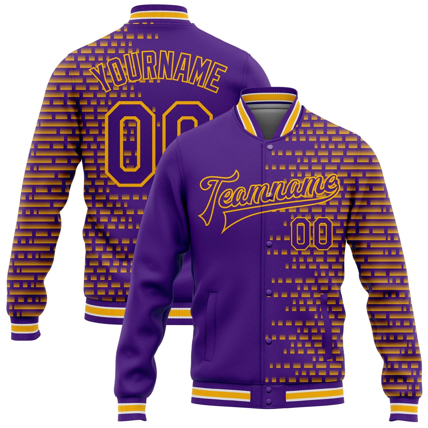 Custom Purple Gold-White Halftone 3D Pattern Design Bomber Full-Snap Varsity Letterman Jacket - Main View