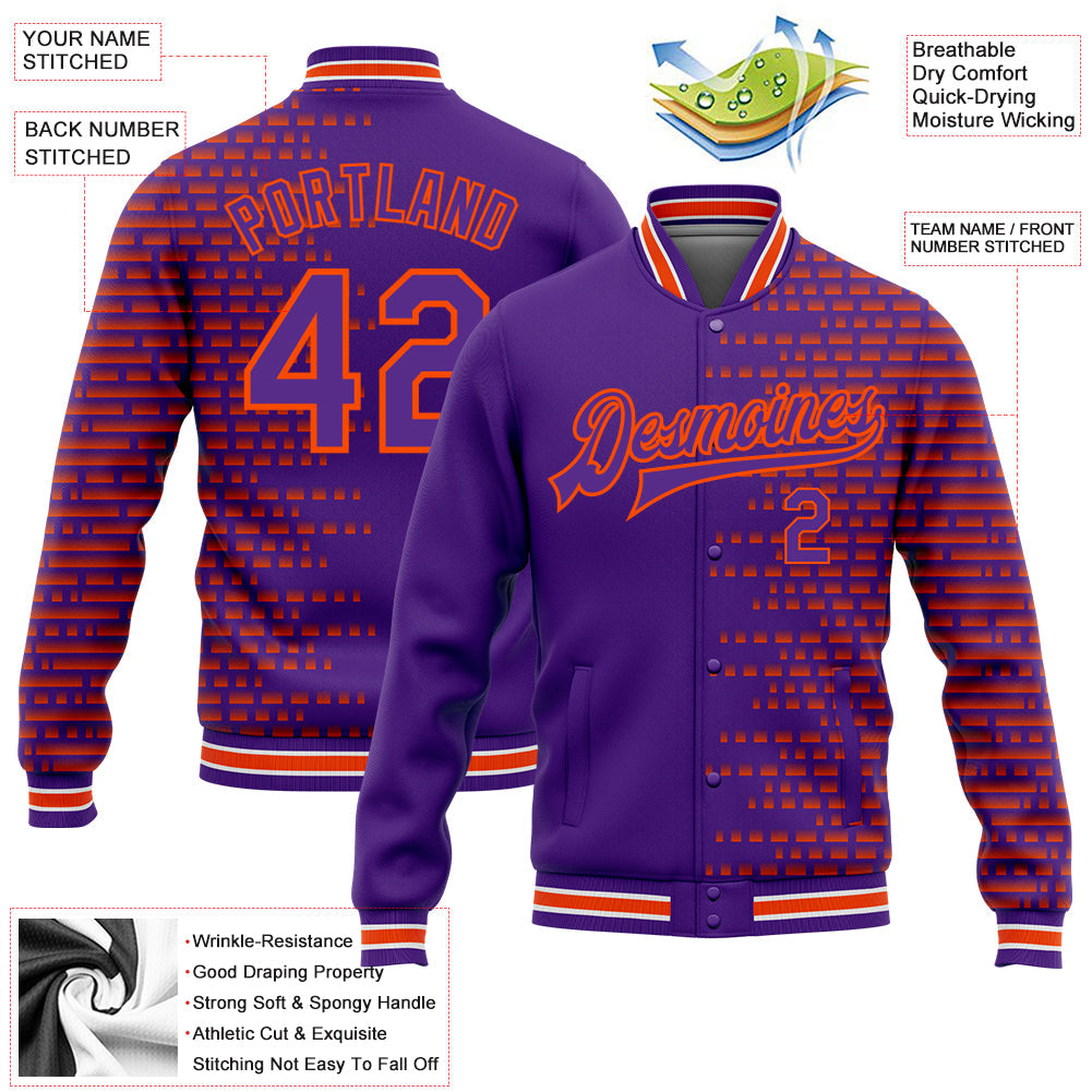 Custom Purple Orange-White Halftone 3D Pattern Design Bomber Full-Snap Varsity Letterman Jacket view 5