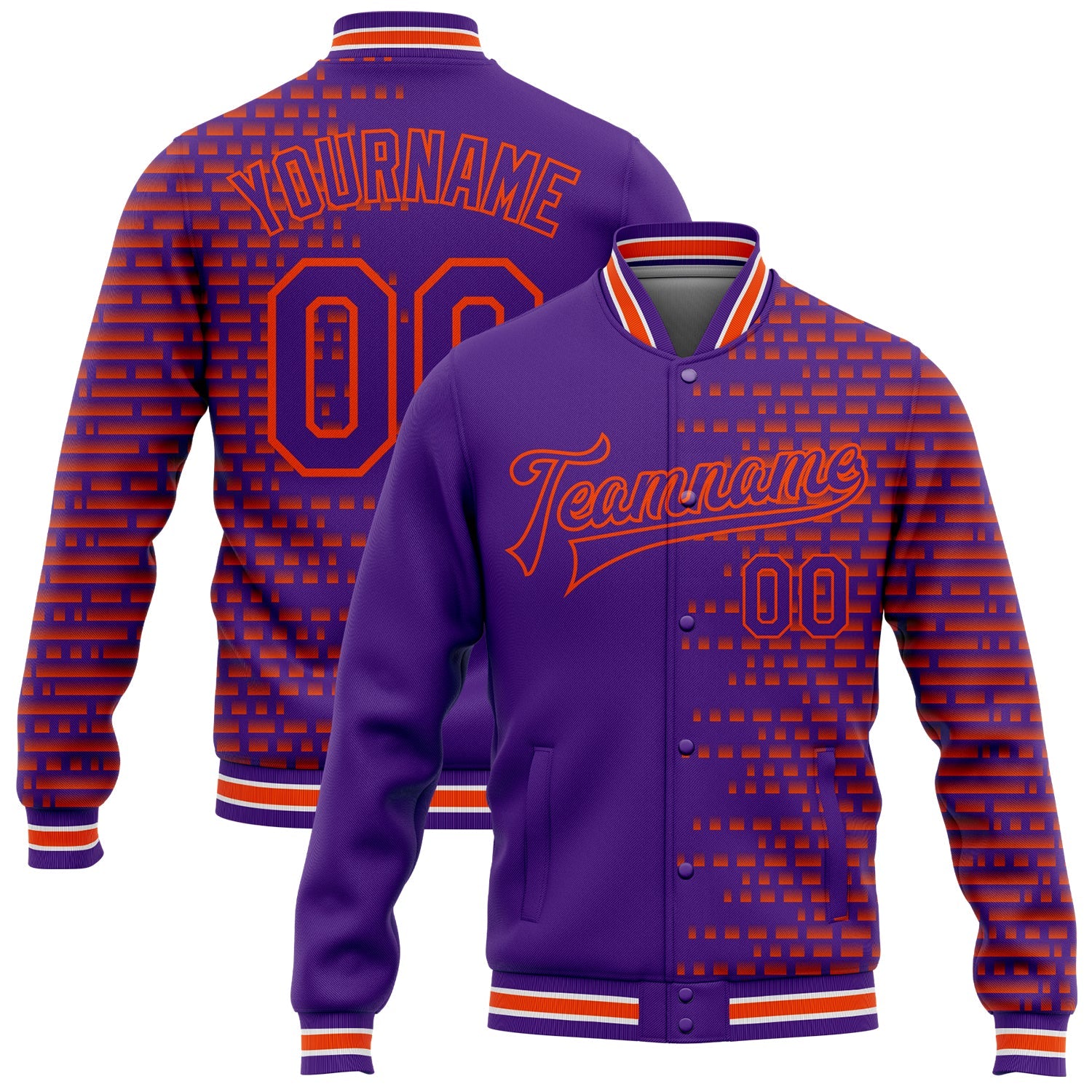 Custom Purple Orange-White Halftone 3D Pattern Design Bomber Full-Snap Varsity Letterman Jacket - Main View
