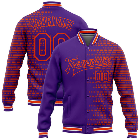 Custom Purple Orange-White Halftone 3D Pattern Design Bomber Full-Snap Varsity Letterman Jacket - Main View