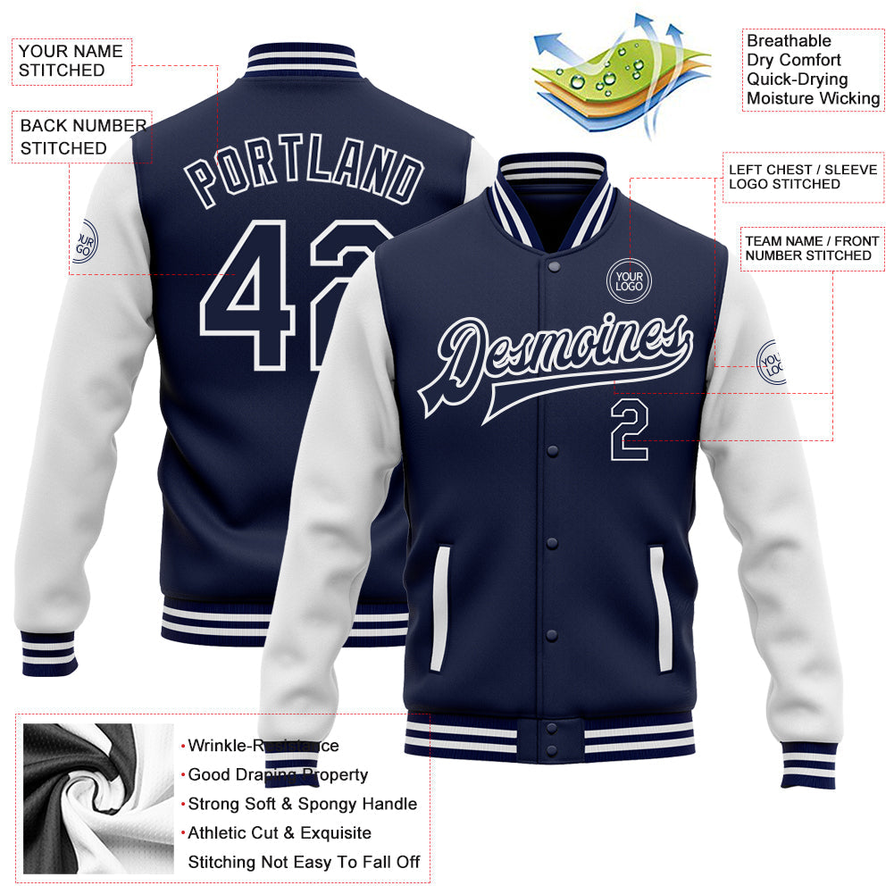 Custom Navy White Bomber Full-Snap Varsity Letterman Two Tone Jacket view 5
