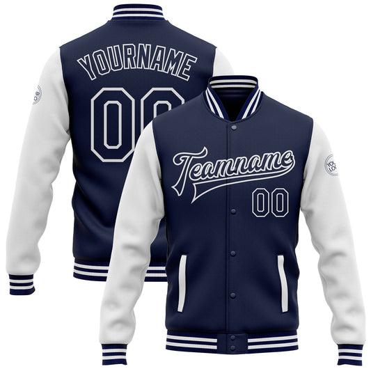Custom Navy White Bomber Full-Snap Varsity Letterman Two Tone Jacket - Main View