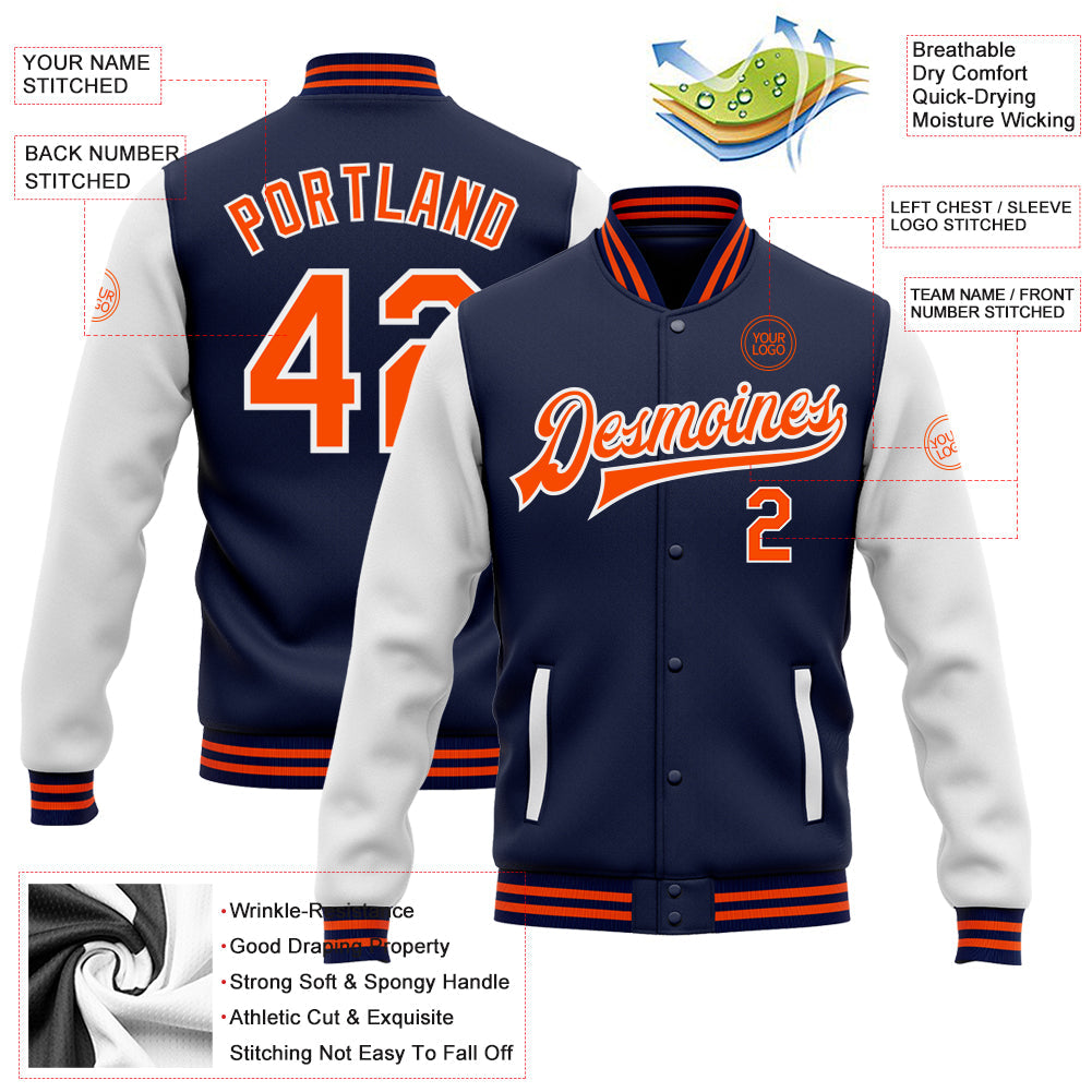 Custom Navy Orange-White Bomber Full-Snap Varsity Letterman Two Tone Jacket view 5