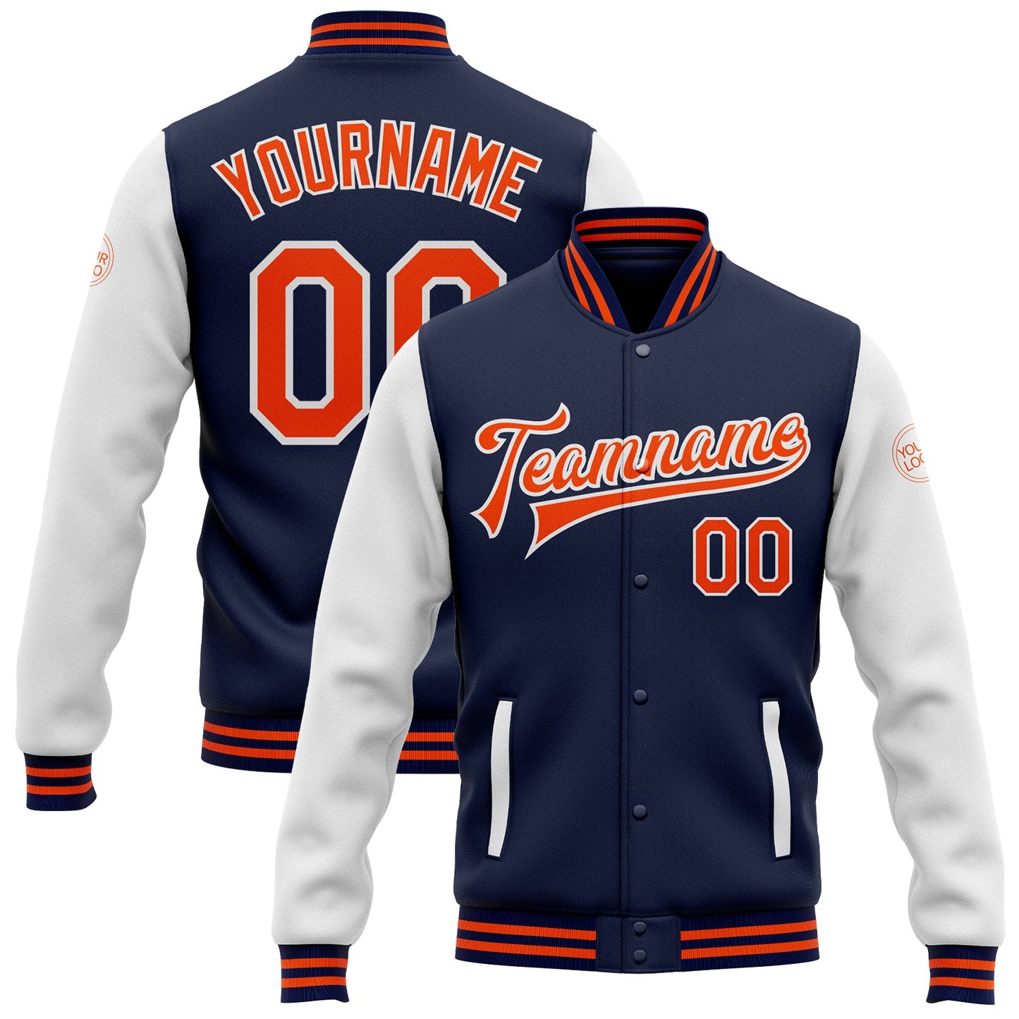 Custom Navy Orange-White Bomber Full-Snap Varsity Letterman Two Tone Jacket - Main View