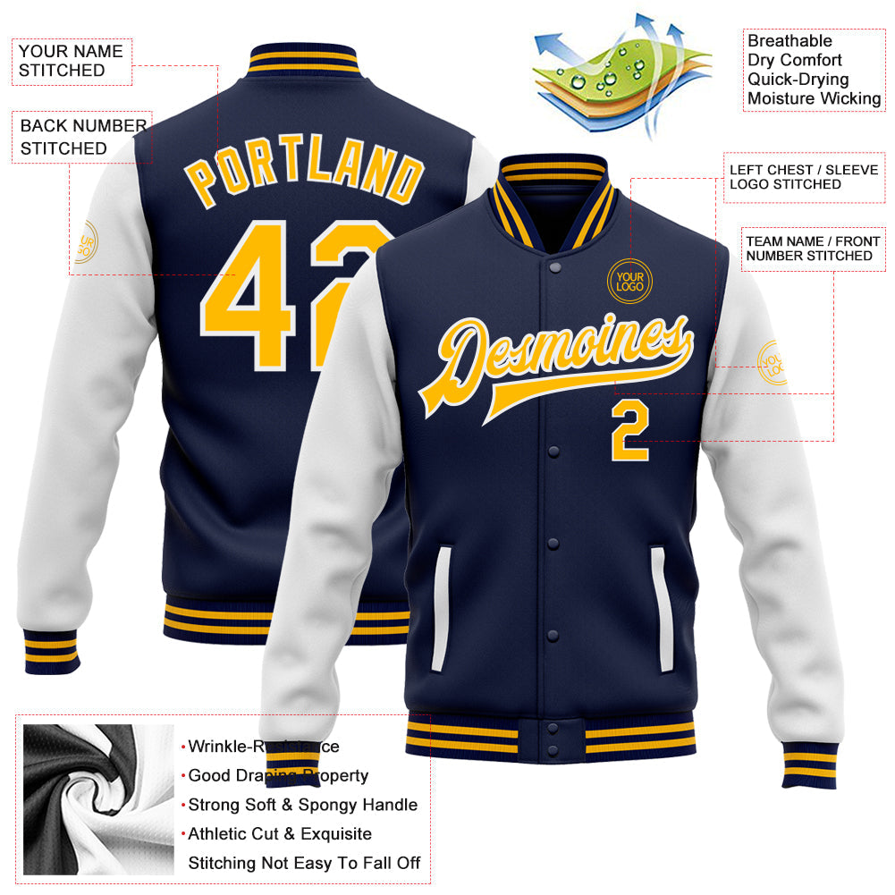 Custom Navy Gold-White Bomber Full-Snap Varsity Letterman Two Tone Jacket view 5