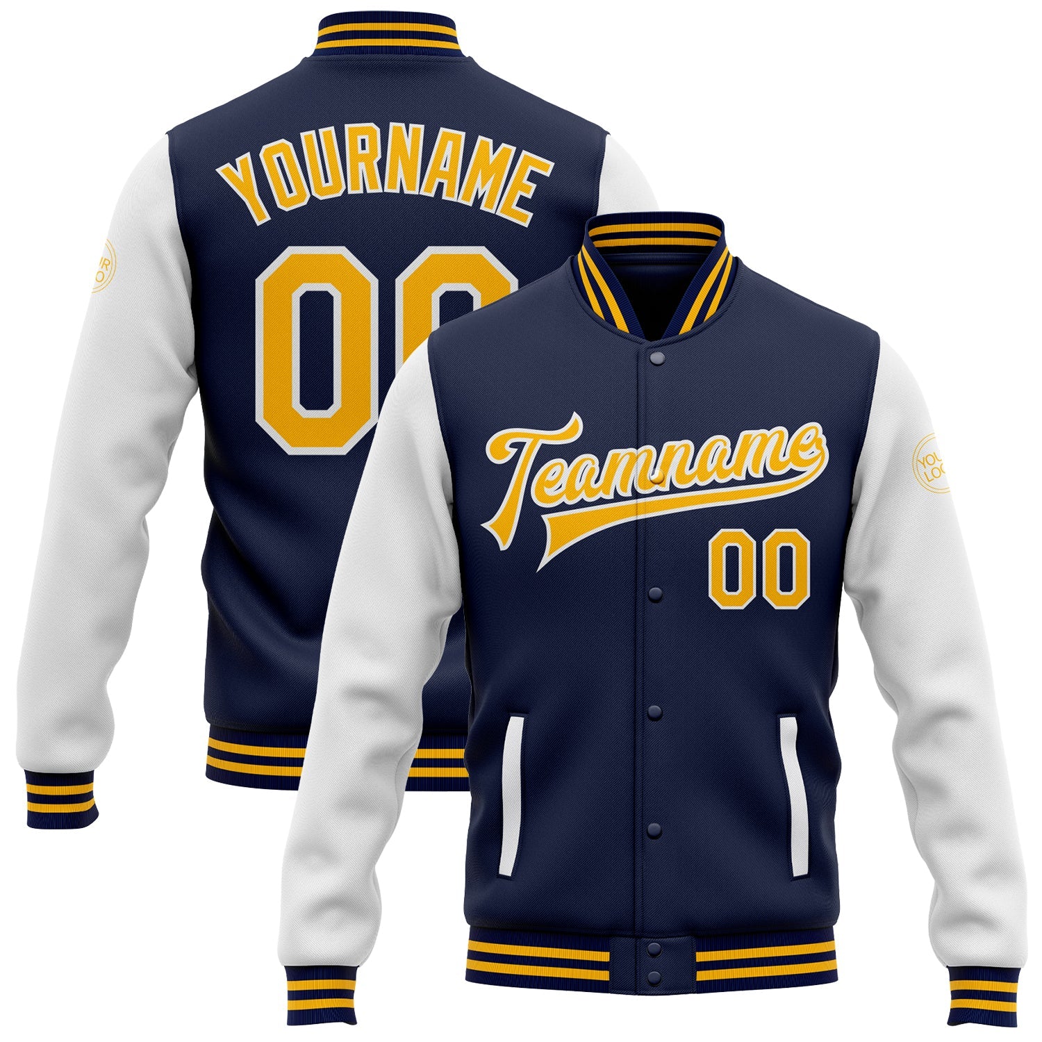 Custom Navy Gold-White Bomber Full-Snap Varsity Letterman Two Tone Jacket - Main View