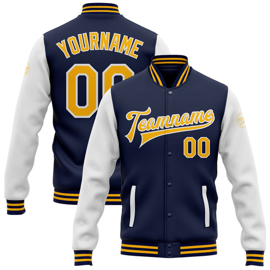 Custom Navy Gold-White Bomber Full-Snap Varsity Letterman Two Tone Jacket - Main View