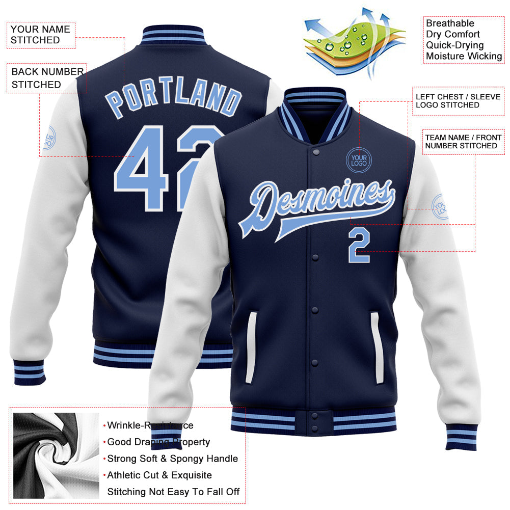 Custom Navy Light Blue-White Bomber Full-Snap Varsity Letterman Two Tone Jacket view 5