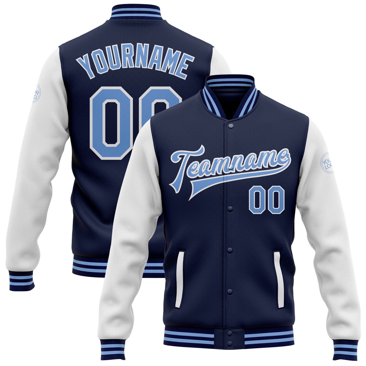 Custom Navy Light Blue-White Bomber Full-Snap Varsity Letterman Two Tone Jacket - Main View