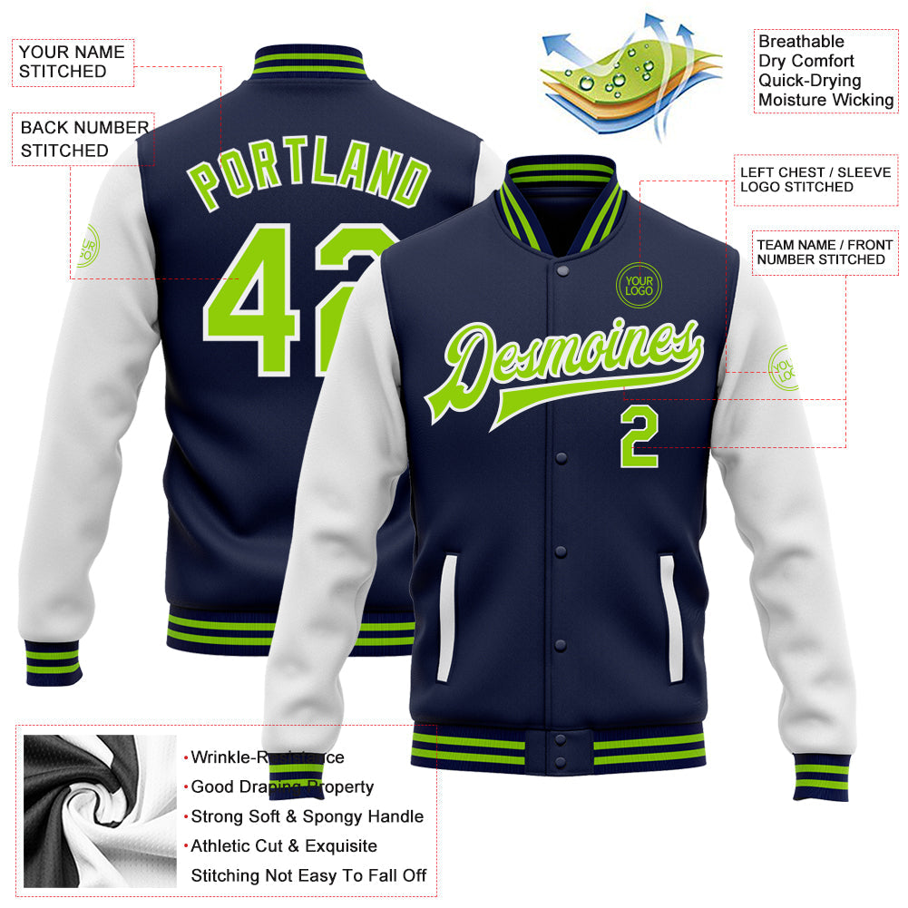 Custom Navy Neon Green-White Bomber Full-Snap Varsity Letterman Two Tone Jacket view 5