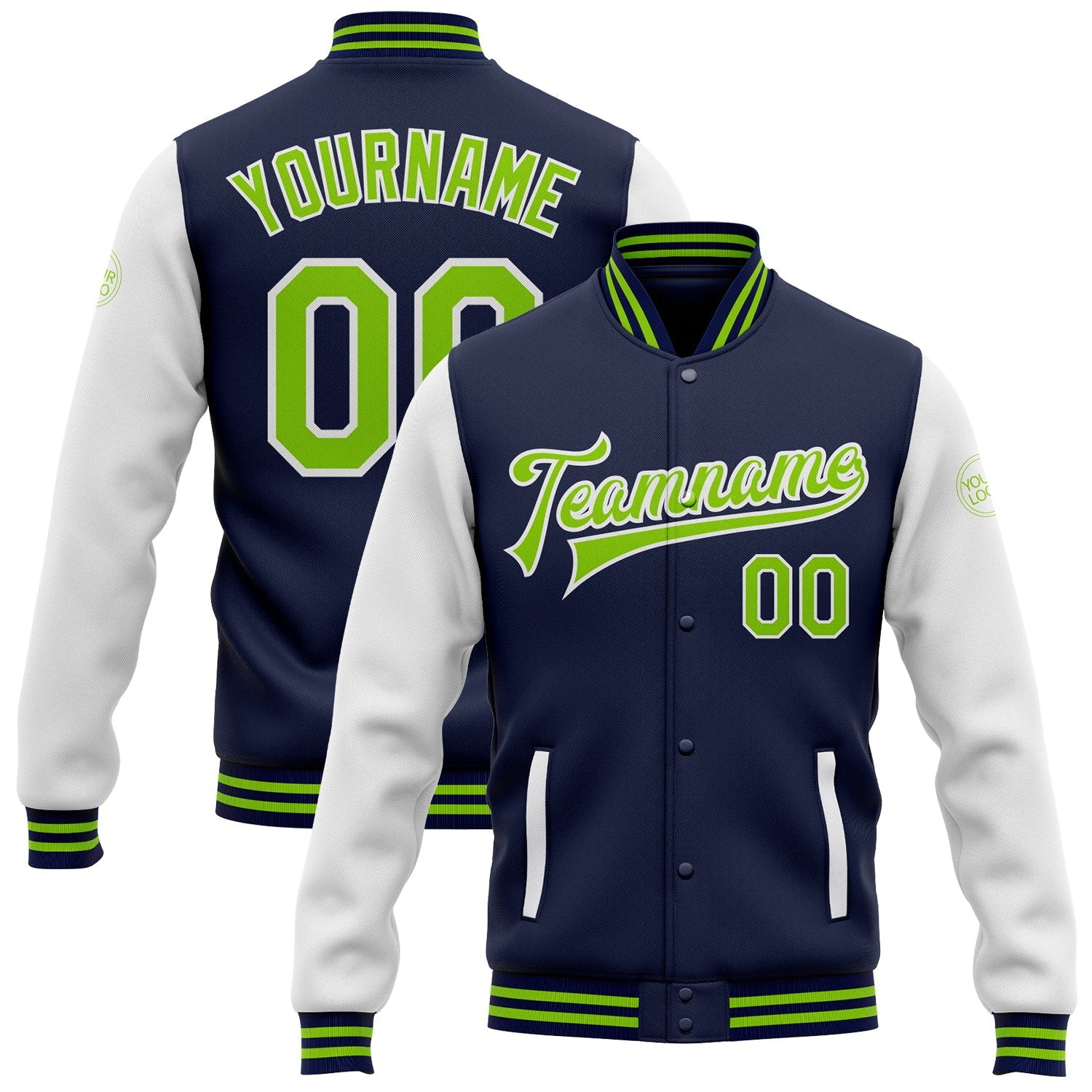 Custom Navy Neon Green-White Bomber Full-Snap Varsity Letterman Two Tone Jacket - Main View