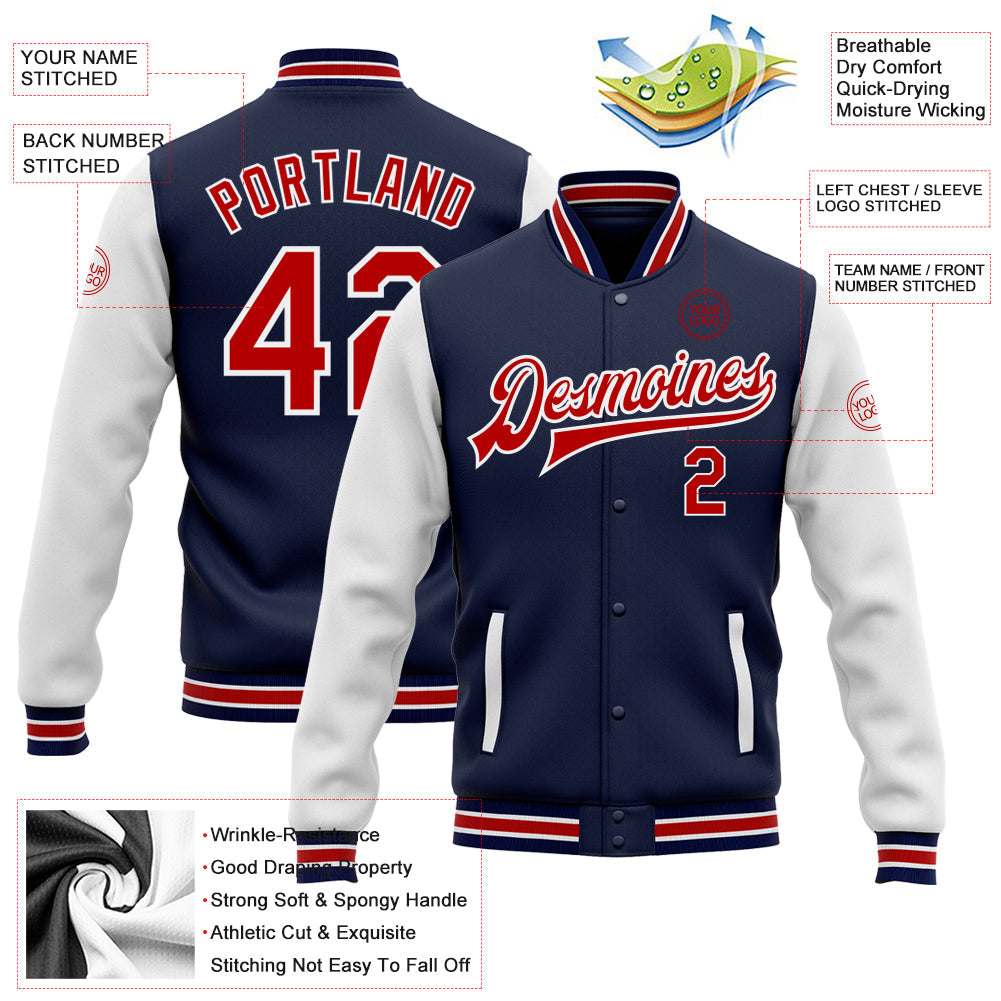 Custom Navy Red-White Bomber Full-Snap Varsity Letterman Two Tone Jacket view 5