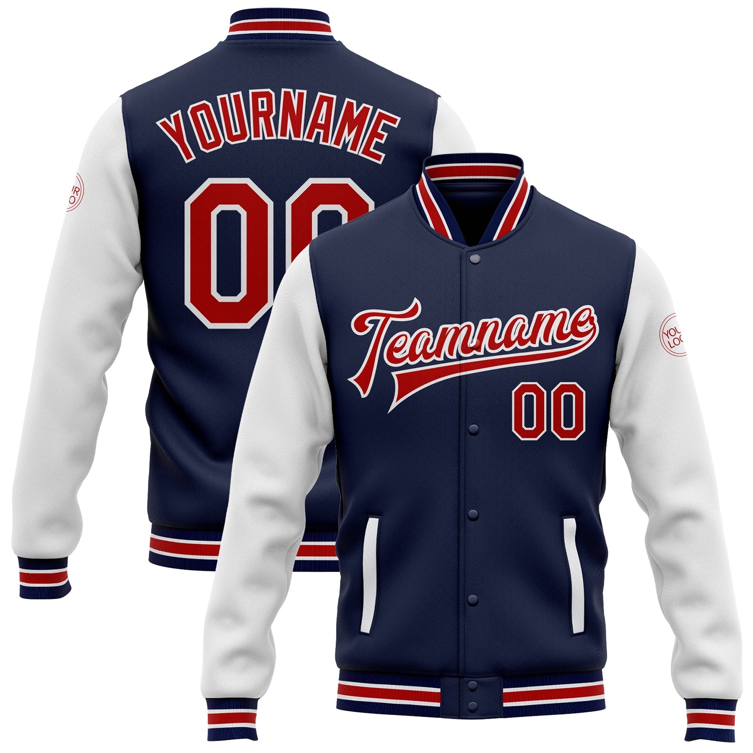 Custom Navy Red-White Bomber Full-Snap Varsity Letterman Two Tone Jacket - Main View