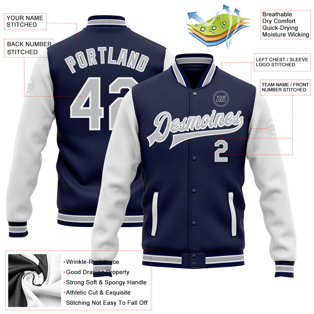 Custom Navy Gray-White Bomber Full-Snap Varsity Letterman Two Tone Jacket view 5