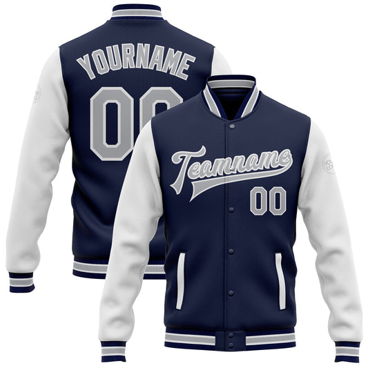 Custom Navy Gray-White Bomber Full-Snap Varsity Letterman Two Tone Jacket - Main View
