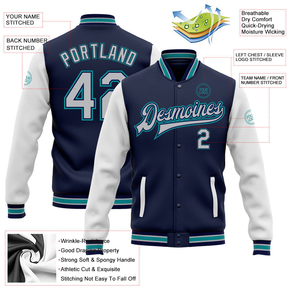 Custom Navy Gray White-Teal Bomber Full-Snap Varsity Letterman Two Tone Jacket view 5