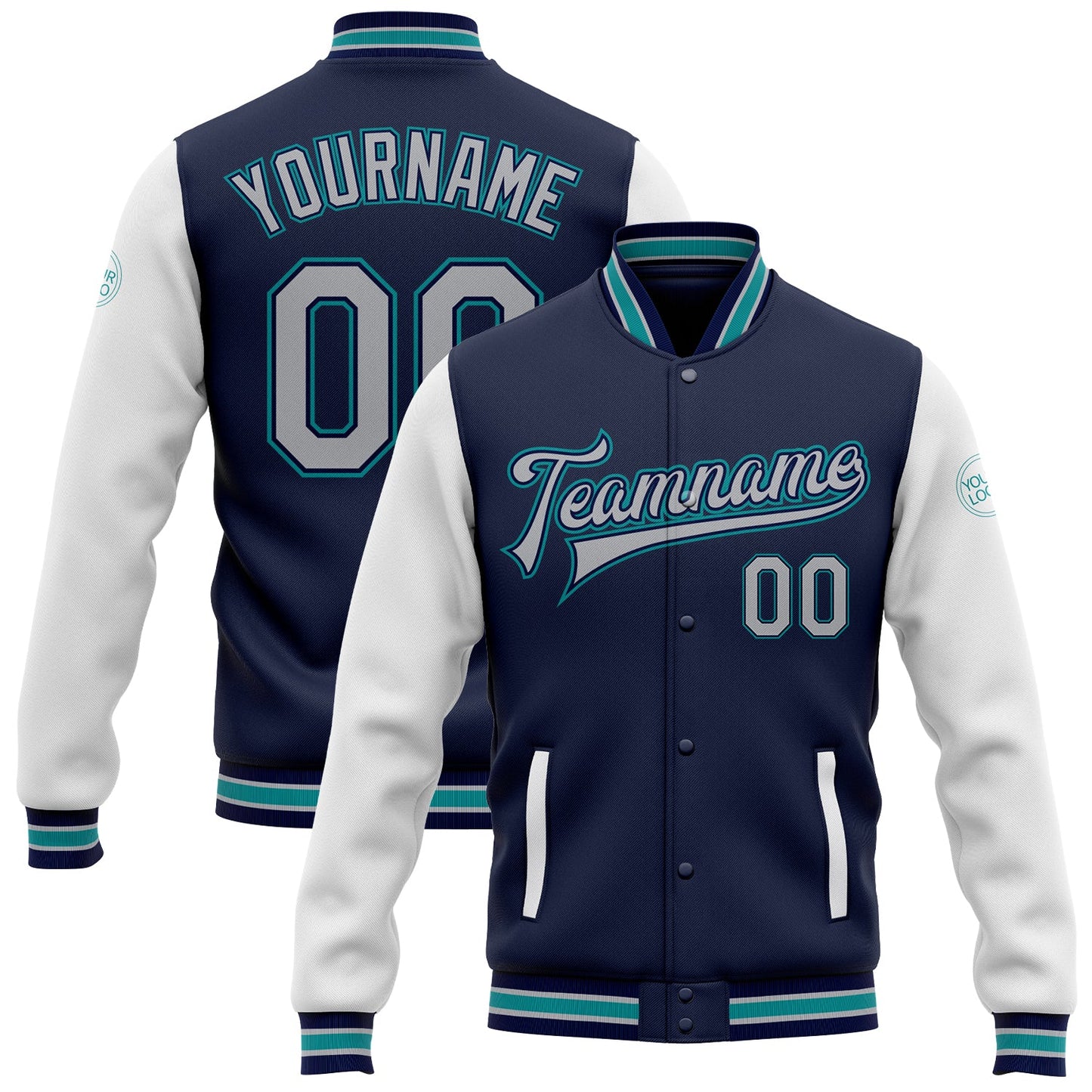 Custom Navy Gray White-Teal Bomber Full-Snap Varsity Letterman Two Tone Jacket - Main View