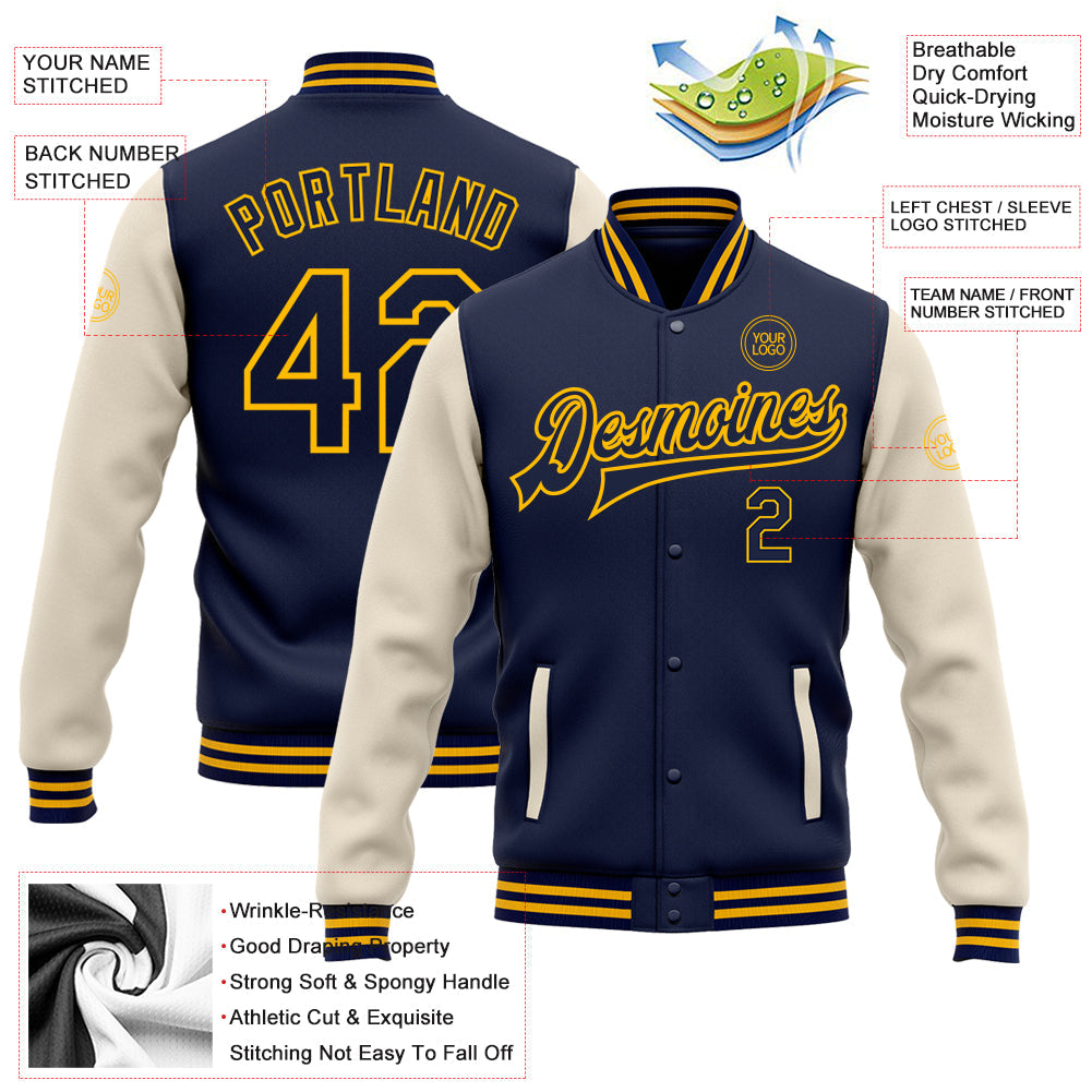 Custom Navy Cream-Gold Bomber Full-Snap Varsity Letterman Two Tone Jacket view 5