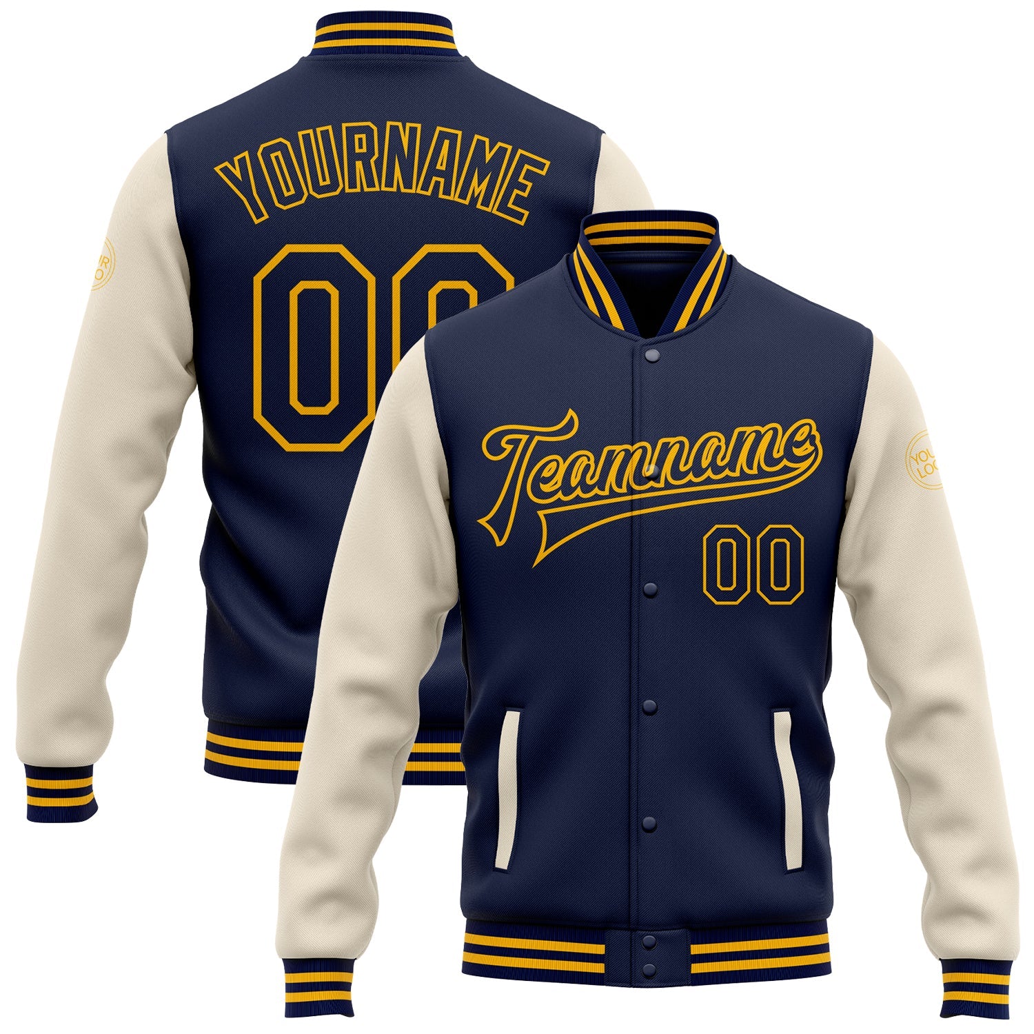 Custom Navy Cream-Gold Bomber Full-Snap Varsity Letterman Two Tone Jacket - Main View