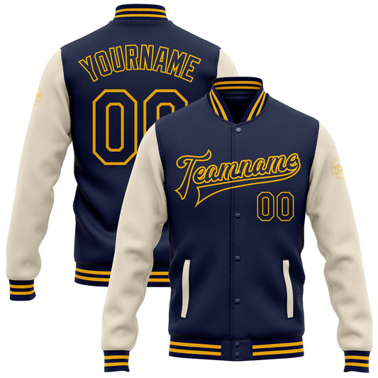 Custom Navy Cream-Gold Bomber Full-Snap Varsity Letterman Two Tone Jacket - Main View