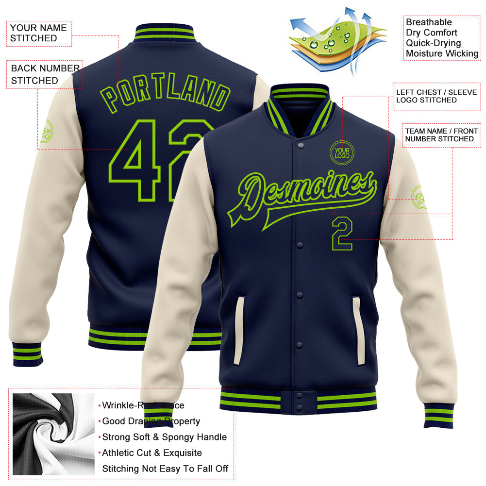 Custom Navy Cream-Neon Green Bomber Full-Snap Varsity Letterman Two Tone Jacket view 5
